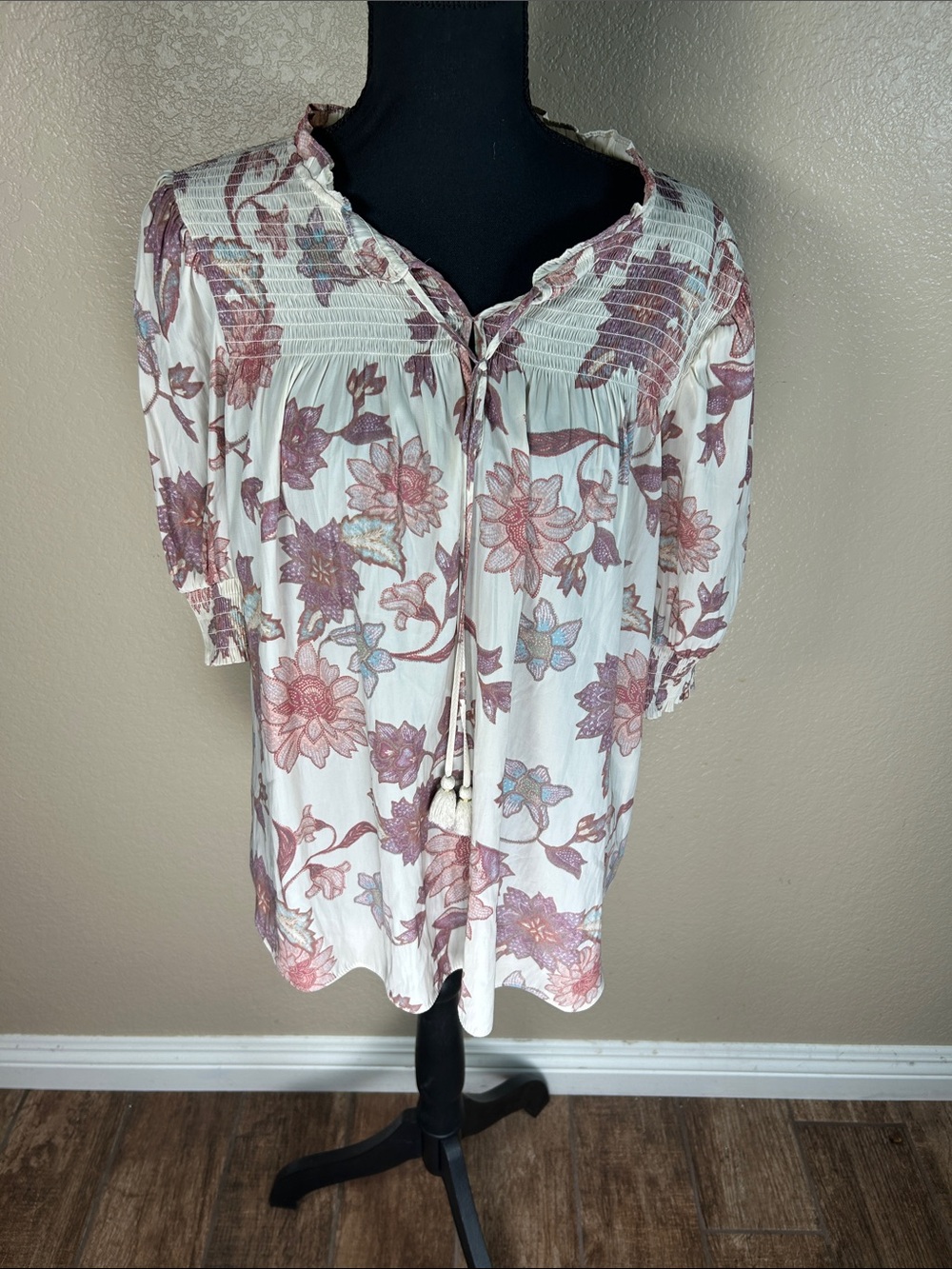 Rose & Olive Floral Smocked Peasant Blouse XL Boho Top